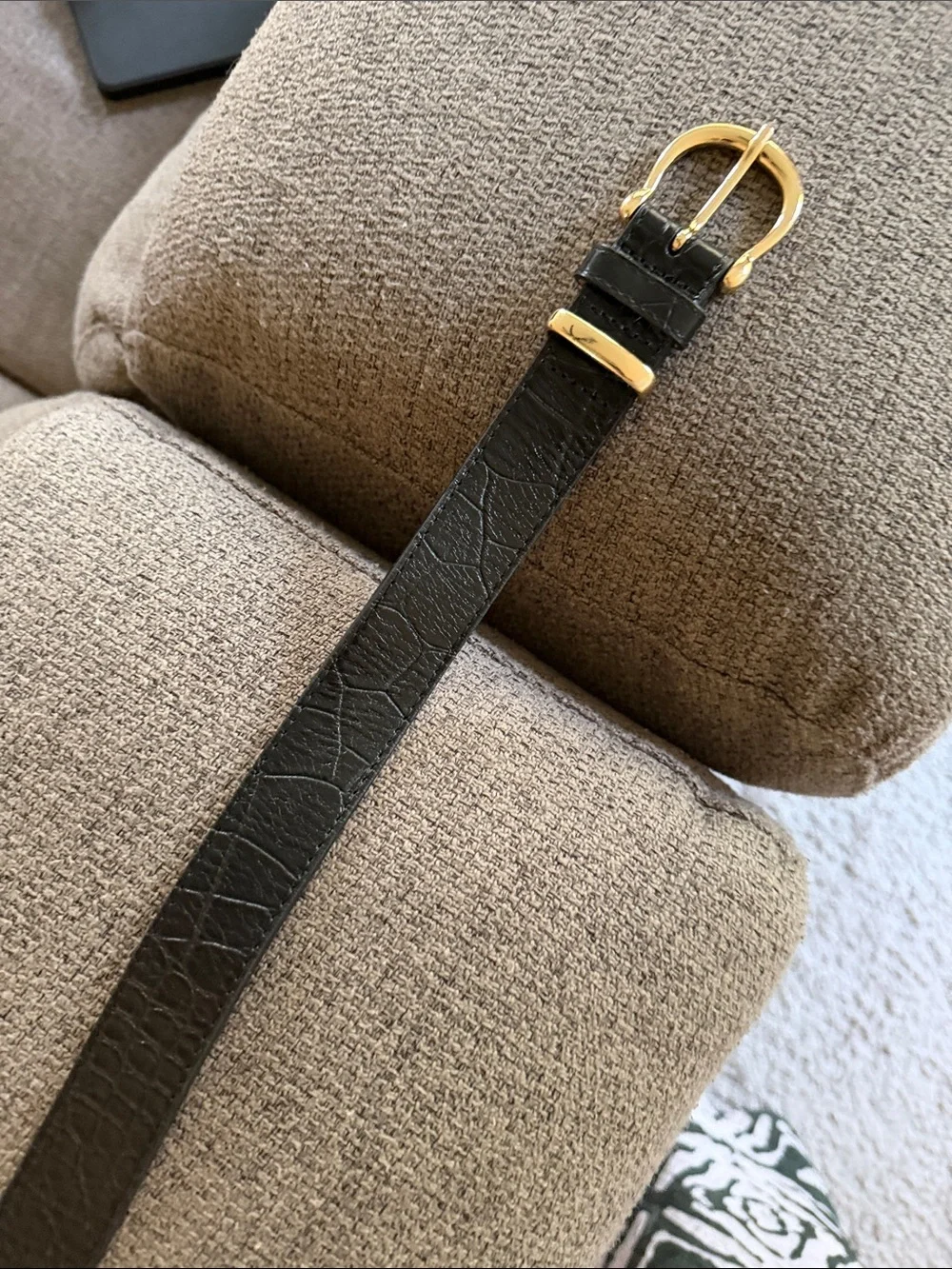 & Other Stories Black Croc-Embossed Leather Belt with Gold Buckle